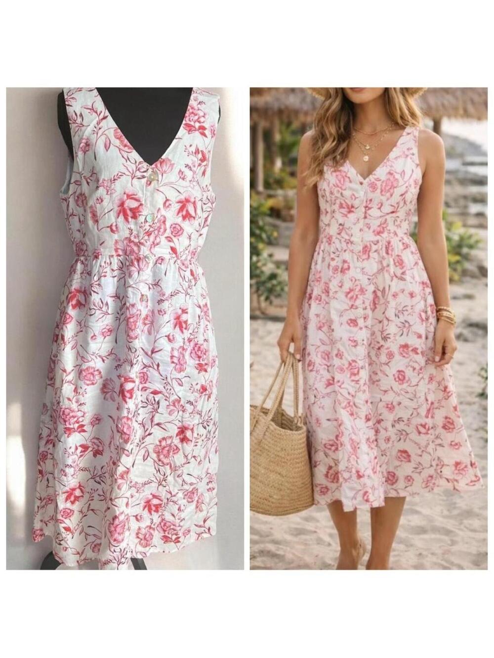 Linen Floral Midi Dress Cottagecore Coastal Euro Summer Pockets